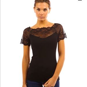 Scalloped Lace Inset V Neck Top
